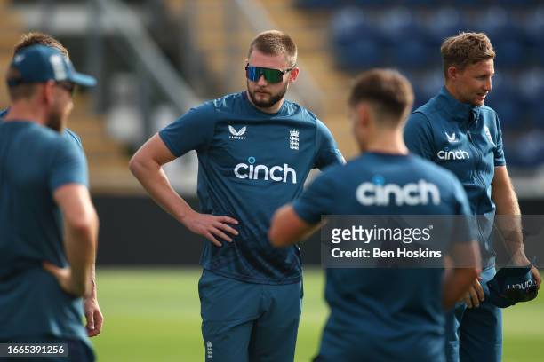 Gus Atkinson of England looks on during an England Net Session at Sophia Gardens on September 07, 2023 in Cardiff, Wales.