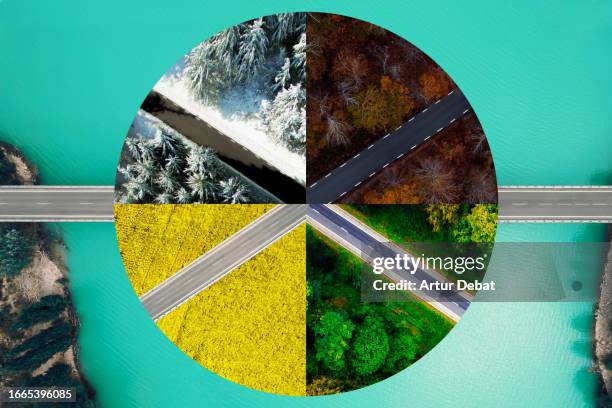 image composition of a different aerial roads during the four seasons weather conditions. - roleta, jogos - fotografias e filmes do acervo