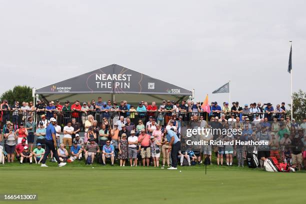 Jordan Smith of England chips on to the eighth green during Day One of the Horizon Irish Open at The K Club on September 07, 2023 in Straffan,...