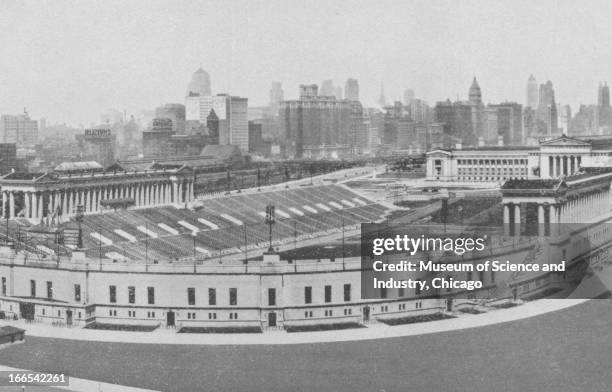 The Chicago skyline stands in the background of Soldier Field in Grant Park at the Century of Progress International Exposition . The Century of...
