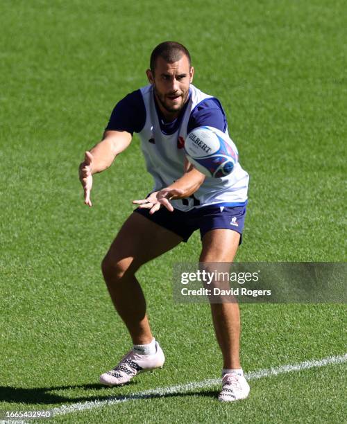 Gabin Villiere catches the ball during the France captain's run ahead of their Rugby World Cup France 2023 match against New Zealand at Stade de...