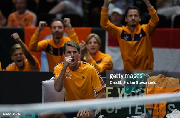Captain Paul Haarhuis of Netherlands reacts during the 2023 Davis Cup Finals Group D Stage match between Netherlands and USA at Arena Gripe Sports...