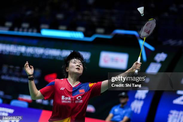 He Bingjiao of China competes in the Women's Singles Second Round match against Saena Kawakami of Japan on day three of the China Open 2023 at...