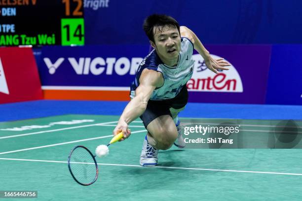 Wang Tzu Wei of Chinese Taipei competes in the Men's Singles Second Round match against Viktor Axelsen of Denmark on day three of the China Open 2023...