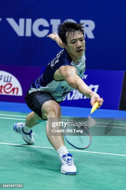 Wang Tzu Wei of Chinese Taipei competes in the Men's Singles Second Round match against Viktor Axelsen of Denmark on day three of the China Open 2023...