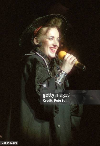 Boy George of Culture Club performs on stage at Hammersmith Odeon on December 18th, 1983 in London, England.