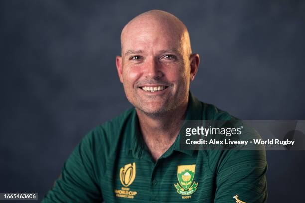 Jacques Nienaber, Head Coach of South Africa, poses for a portrait during the South Africa Rugby World Cup 2023 Squad photocall on September 02, 2023...