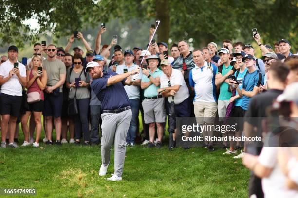 Shane Lowry of Ireland plays his second shot on the ninth hole during Day One of the Horizon Irish Open at The K Club on September 07, 2023 in...