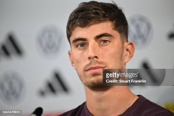 Kai Havertz of Germany talks with the media during a press conference on September 07, 2023 in Wolfsburg, Germany.