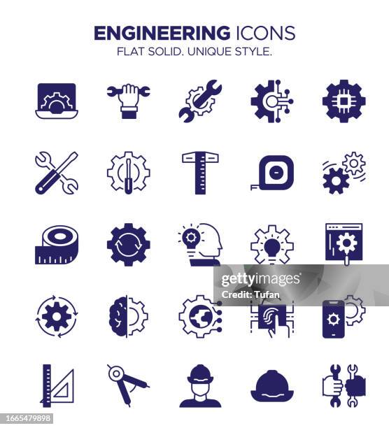 engineering icon set - structural, blueprint, industrial equipment, engineering tools symbols - manufactured housing stock illustrations