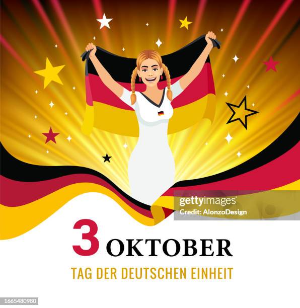 tag der deutschen einheit. frau mit flagge von deutschland. - german flag wallpaper stock-grafiken, -clipart, -cartoons und -symbole