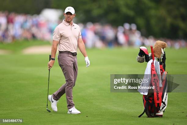 Rory McIlroy of Northern Ireland plays his second shot on the ninth hole during Day One of the Horizon Irish Open at The K Club on September 07, 2023...