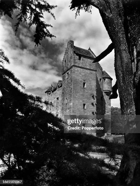 Exterior view of Fordell Castle, a 16th century fortified tower house near the city of Dunfermline in Fife, Scotland, August 1960.