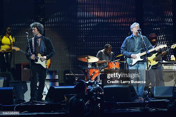 Doyle Bramhall II and Eric Clapton perform on stage during the 2013 Crossroads Guitar Festival at Madison Square Garden on April 13, 2013 in New York...