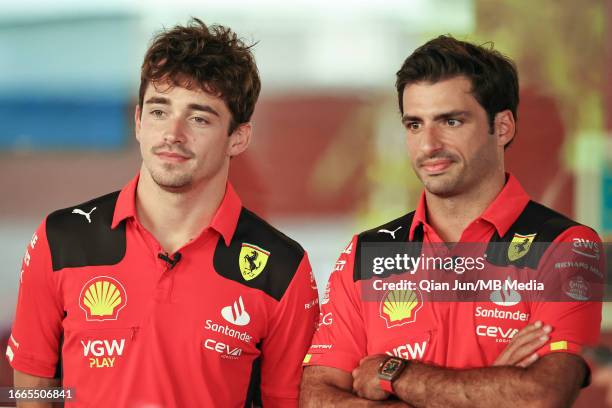 Charles Leclerc of Monaco and Scuderia Ferrari and Carlos Sainz Jr of Spain and Scuderia Ferrari during previews ahead of the F1 Grand Prix of...
