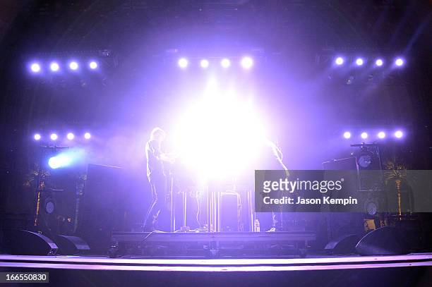 Jas Shaw and James Ford of Simian Mobile Disco perform onstage during day 2 of the 2013 Coachella Valley Music & Arts Festival at the Empire Polo...