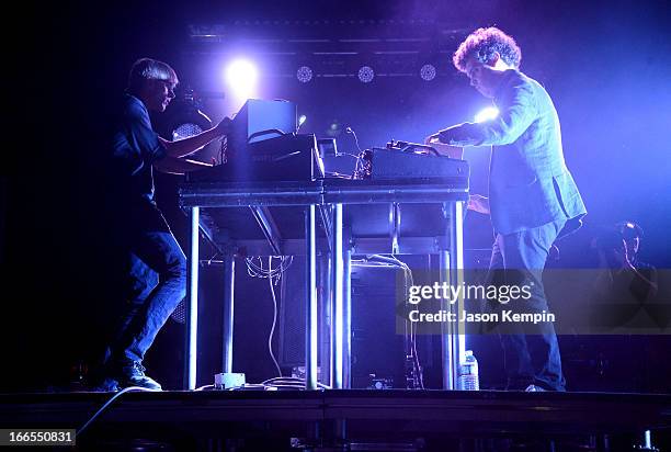 Jas Shaw and James Ford of Simian Mobile Disco perform onstage during day 2 of the 2013 Coachella Valley Music & Arts Festival at the Empire Polo...