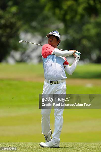 Thammanoon Sriroj of Thailand in action during day four of the Solaire Open at Wack Wack Golf and Country Club on April 14, 2013 in Manila,...