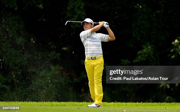 Miguel Tabuena of the Philippines in action during day four of the Solaire Open at Wack Wack Golf and Country Club on April 14, 2013 in Manila,...