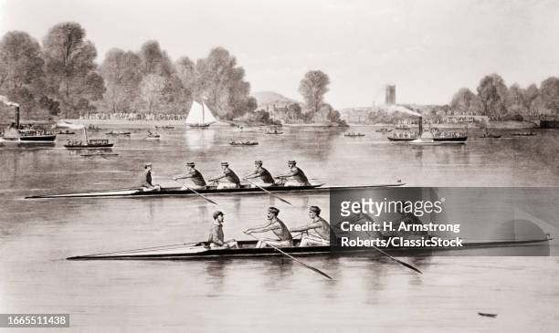 1860s Oxford won currier & ives lithograph of august 27 1869 harvard oxford four-oared shell race on the thames river england.