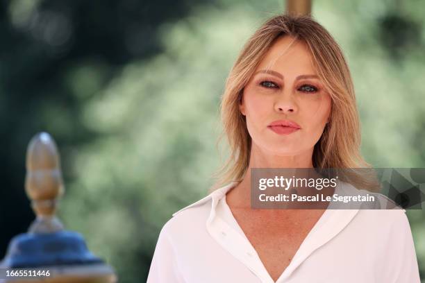Anna Falchi arrives at the Hotel Excelsior pier for the 80th Venice International Film Festival 2023 on September 07, 2023 in Venice, Italy.