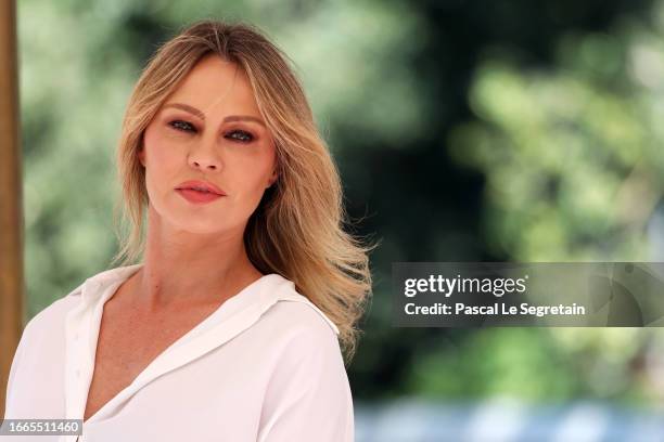 Anna Falchi arrives at the Hotel Excelsior pier for the 80th Venice International Film Festival 2023 on September 07, 2023 in Venice, Italy.