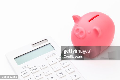 Pig piggy bank and calculator on a white background. Pig piggy bank and calculator on a white background.