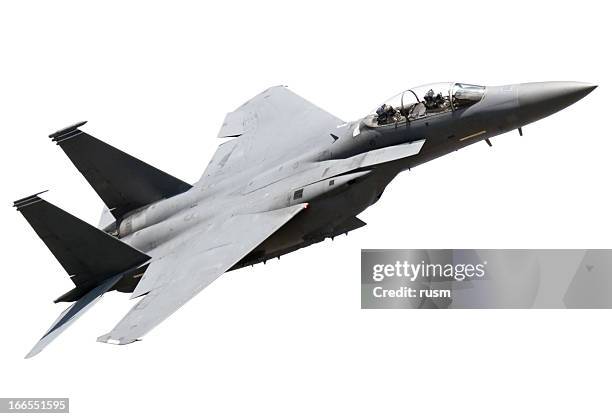 flying fighter plane on white background - supersonisch vliegtuig stockfoto's en -beelden