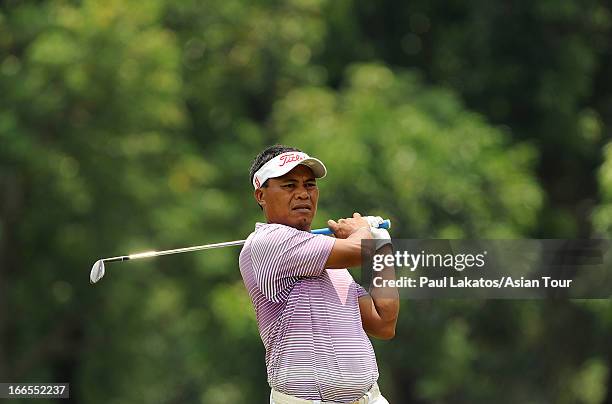 Elmer Salvador of the Phlippines in action during day four of the Solaire Open at Wack Wack Golf and Country Club on April 14, 2013 in Manila,...