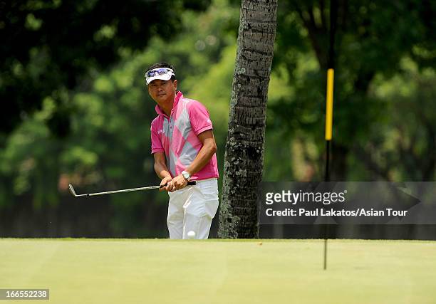 Lin Wen-tang of Chinese Taipei in action during day four of the Solaire Open at Wack Wack Golf and Country Club on April 14, 2013 in Manila,...