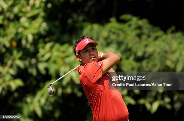 Chinarat Phadungsil of Thailand in action during day four of the Solaire Open at Wack Wack Golf and Country Club on April 14, 2013 in Manila,...