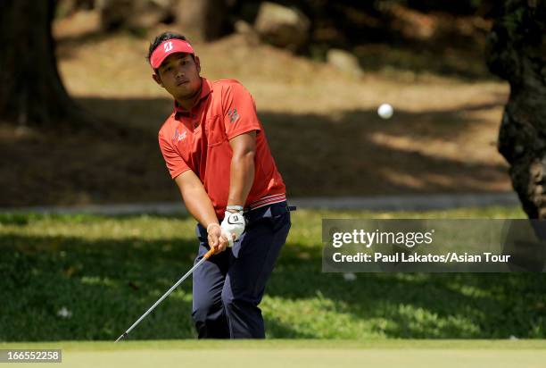 Chinarat Phadungsil of Thailand in action during day four of the Solaire Open at Wack Wack Golf and Country Club on April 14, 2013 in Manila,...