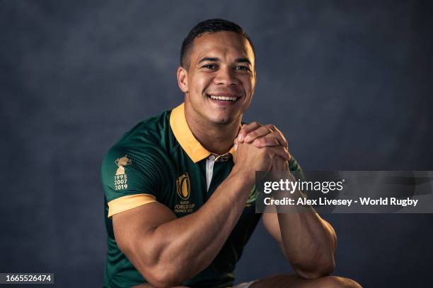 Cheslin Kolbe of South Africa poses for a portrait during the South Africa Rugby World Cup 2023 Squad photocall on September 02, 2023 in Toulon,...