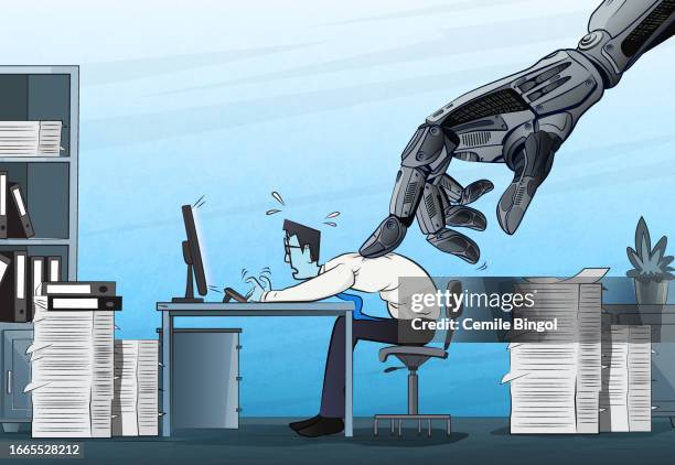 ilustraciones, imágenes clip art, dibujos animados e iconos de stock de la inteligencia artificial y los robots inteligentes aumentan la presión sobre los empleados - presión