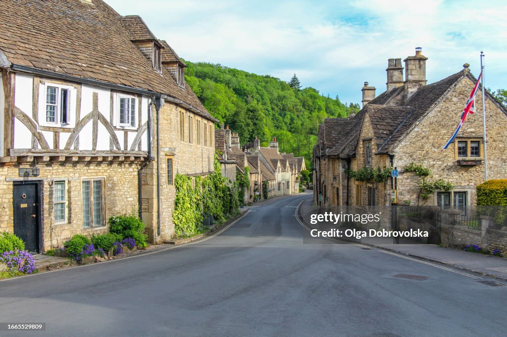 An empty road passing through the village in Cotswolds
