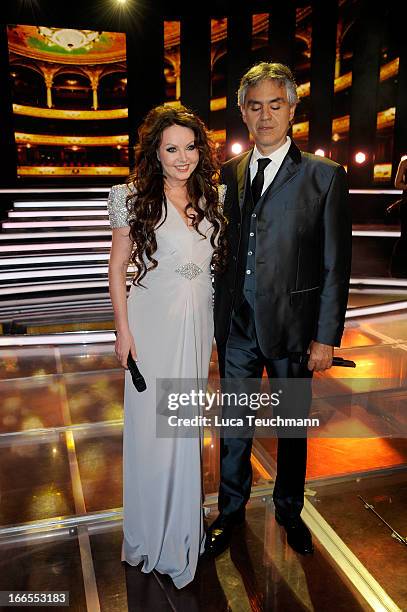 Sarah Brightman and Andrea Bocelli attends at a photocall on April 13, 2013 in Erfurt, Germany.