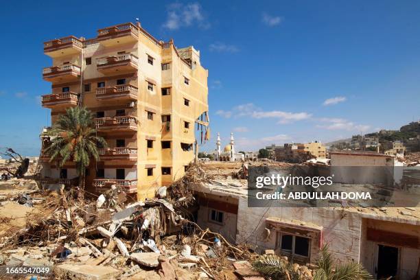 Flash flood-damaged area is pictured in Derna on September 14, 2023. A global aid effort for Libya gathered pace on September 14 after a...