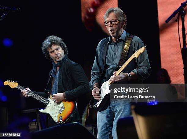 Doyle Bramhall and Eric Clapton perform on stage during the 2013 Crossroads Guitar Festival at Madison Square Garden on April 13, 2013 in New York...