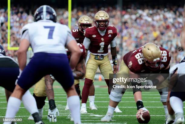 Boston College Eagles quarterback Thomas Castellanos calls signals during a game between the Boston College Eagles and the Holy Cross Crusaders on...