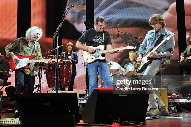 Albert Lee, Vince Gill and Keith Urban perform on stage during the 2013 Crossroads Guitar Festival at Madison Square Garden on April 13, 2013 in New...