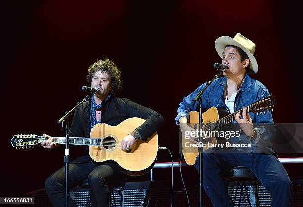 Doyle Bramhall and John Mayer perform on stage during the 2013 Crossroads Guitar Festival at Madison Square Garden on April 13, 2013 in New York City.
