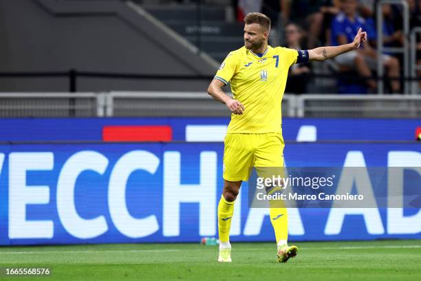 Andriy Yarmolenko of Ukraine gestures during the UEFA EURO 2024 qualifying round group C match between Italy and Ukraine. Italy wins 2-1 over Ukraine.