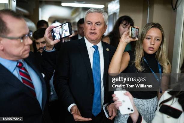 Rep. James Comer, R-Ky., chairman of the House Oversight and Accountability Committee, leaves a meeting of the House Republican Conference in the...