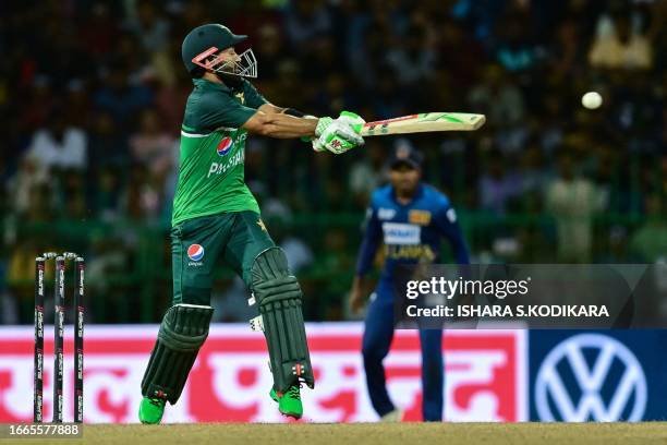 Pakistan's Mohammad Rizwan plays a shot during the Asia Cup 2023 Super Four one-day international cricket match between Sri Lanka and Pakistan at the...