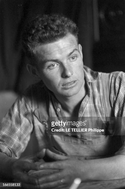 Close-Up Of Alexis Gourvennec. Bretagne, le 28 juin 1961, portrait du syndicaliste agricole Alexis GOURVENNEC, chez lui en famille ou travaillant aux...
