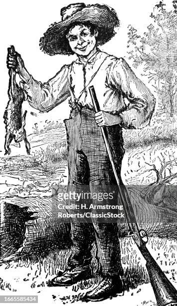 1880s Mark twain's character huckleberry finn holding rifle and rabbit illustration introduced in adventures of tom sawyer 1876.
