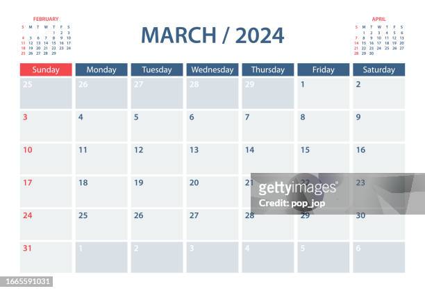ilustraciones, imágenes clip art, dibujos animados e iconos de stock de plantilla vectorial del planificador de calendario de marzo de 2024. la semana comienza el domingo - calendario pared
