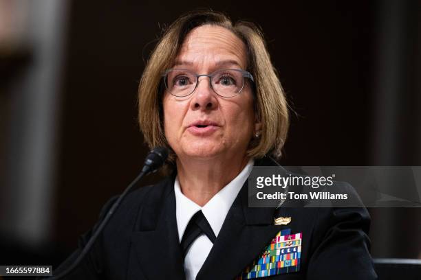 Admiral Lisa M. Franchetti, U.S. Navy, testifies during the Senate Armed Services Committee hearing on her reappointment to the grade of admiral and...
