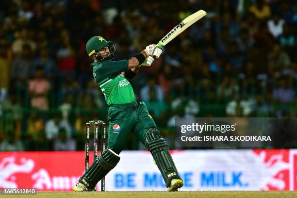 Pakistan's Iftikhar Ahmed plays a shot during the Asia Cup 2023 Super Four one-day international cricket match between Sri Lanka and Pakistan at the...