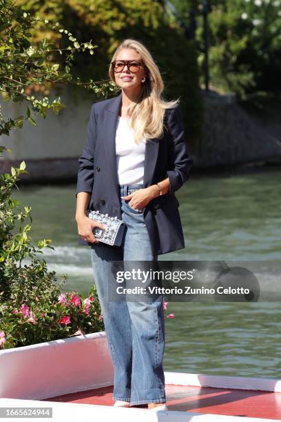 Costanza Caracciolo arrives at the Hotel Excelsior pier for the 80th Venice International Film Festival 2023 on September 07, 2023 in Venice, Italy.
